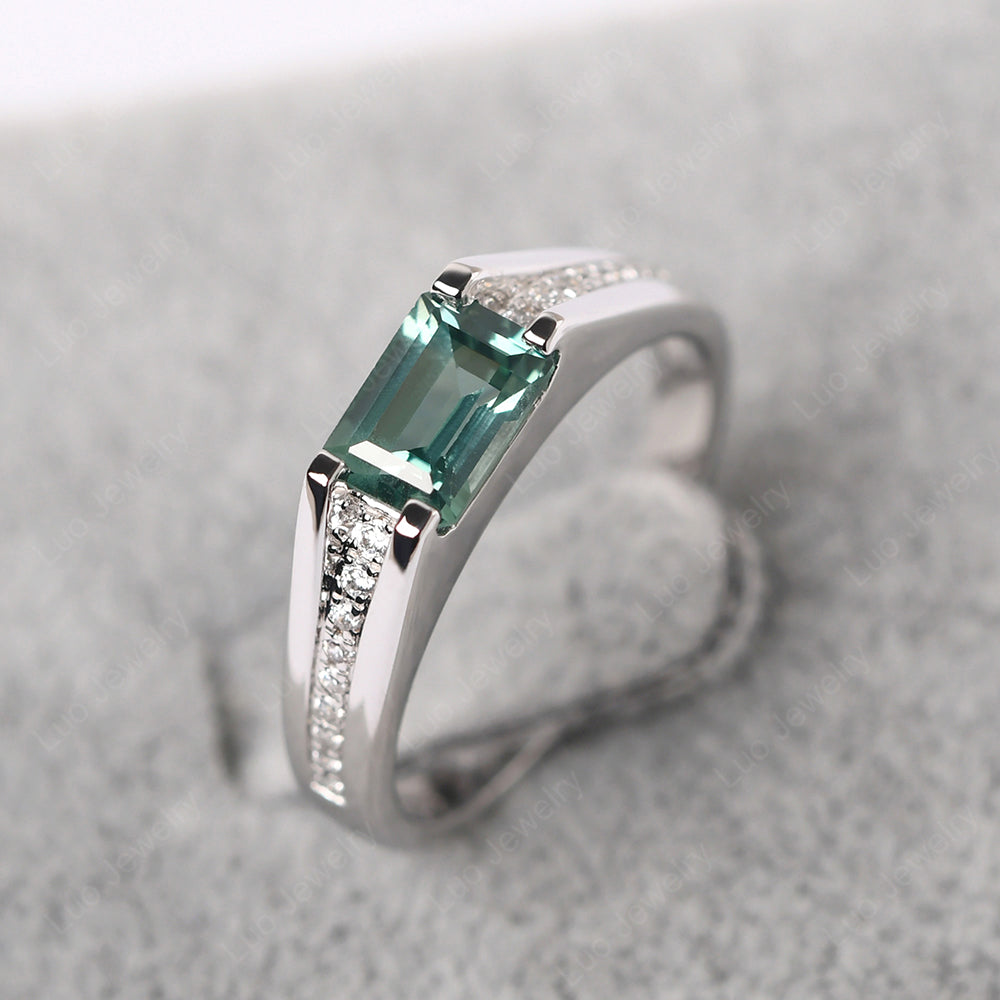 East West Green Sapphire Ring Emerald Cut Engagement Ring - LUO Jewelry