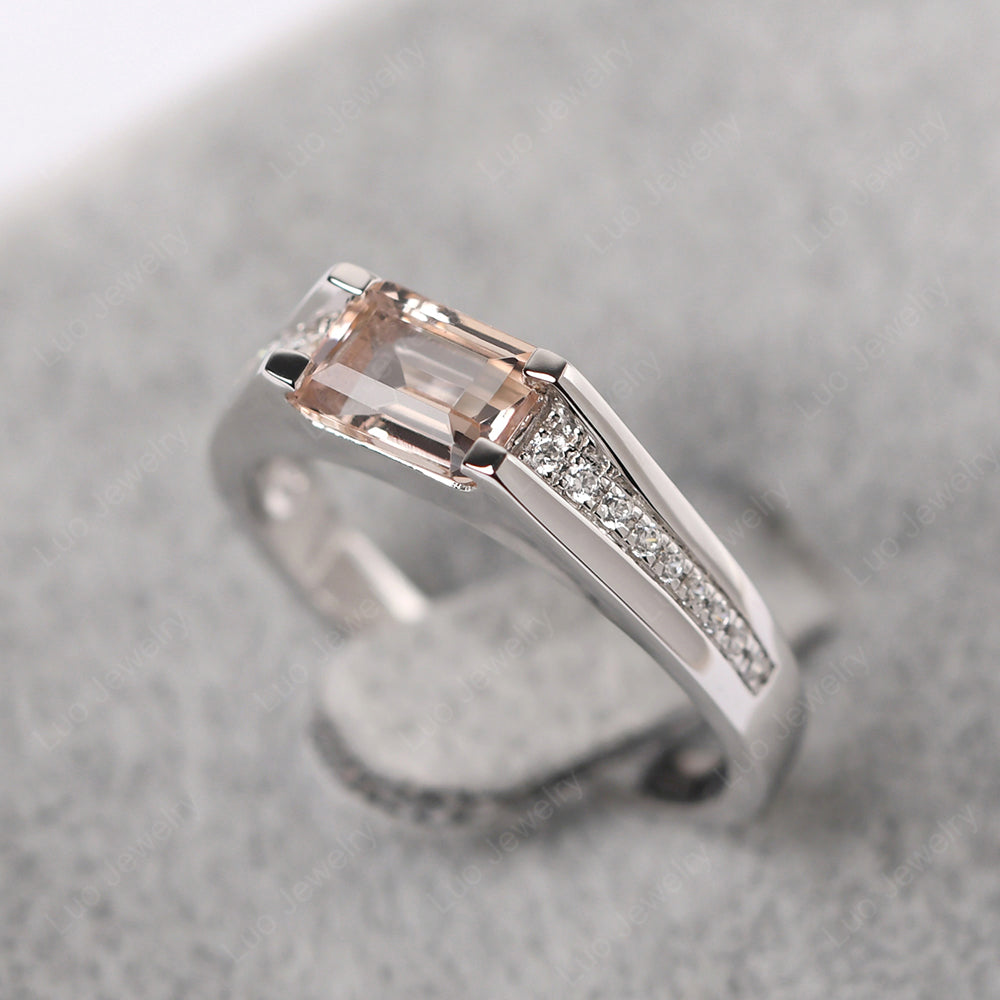 East West Morganite Ring Emerald Cut Engagement Ring - LUO Jewelry