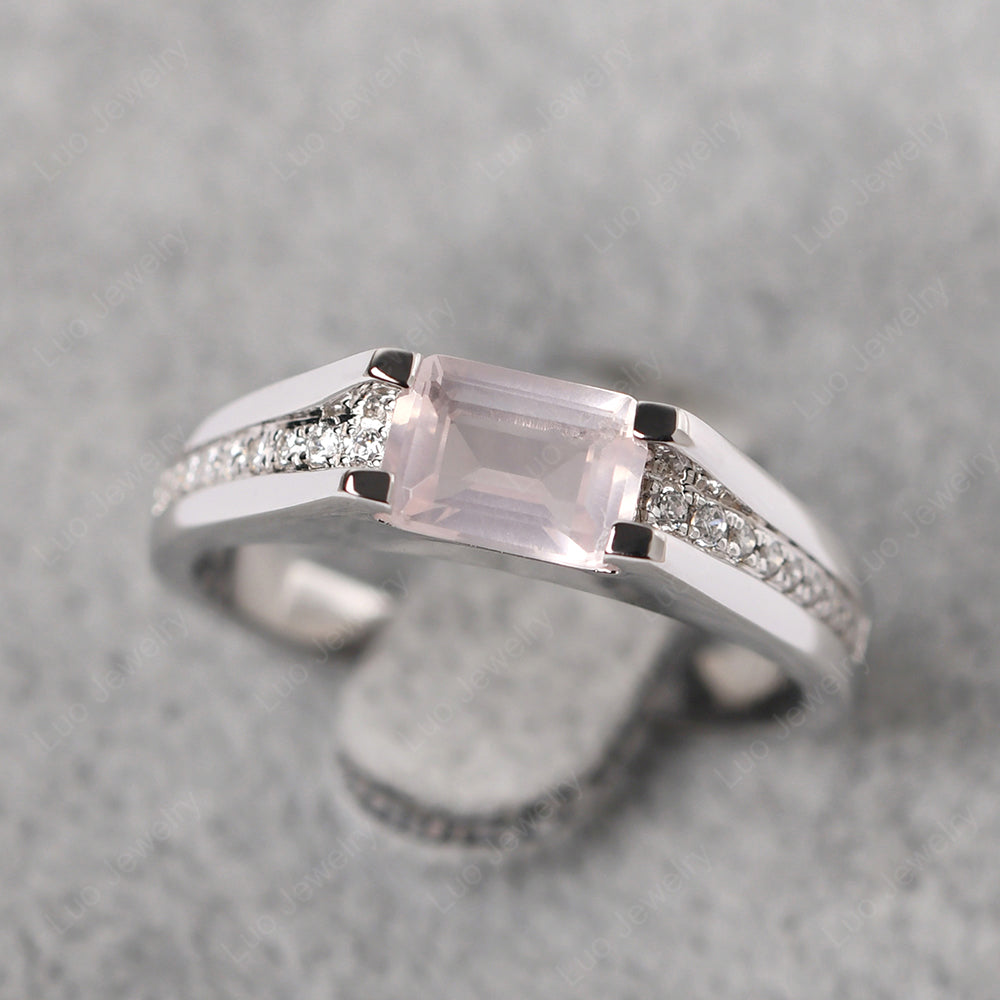 East West Rose Quartz Ring Emerald Cut Engagement Ring - LUO Jewelry