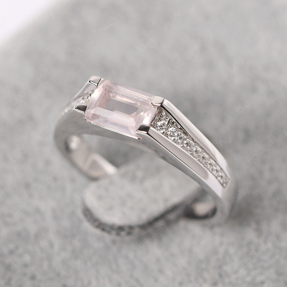 East West Rose Quartz Ring Emerald Cut Engagement Ring - LUO Jewelry