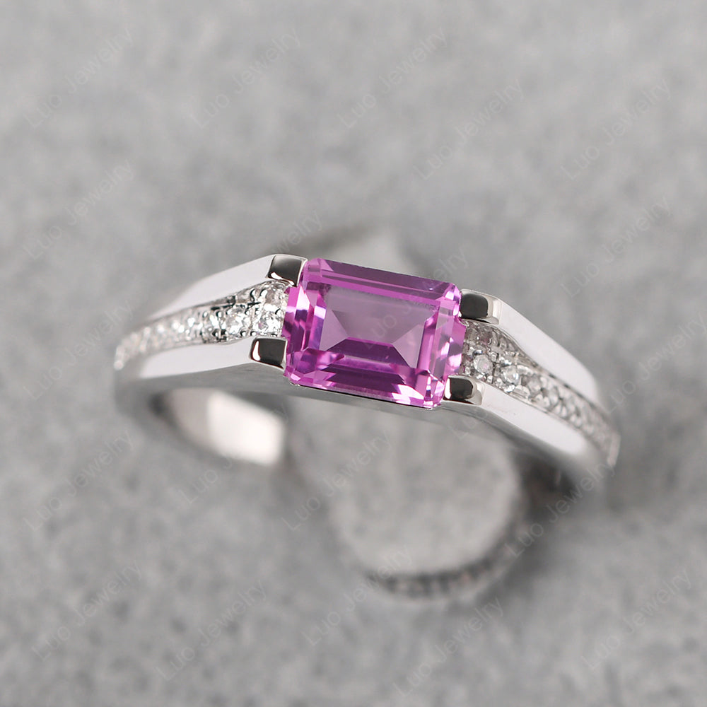 East West Pink Sapphire Ring Emerald Cut Engagement Ring - LUO Jewelry