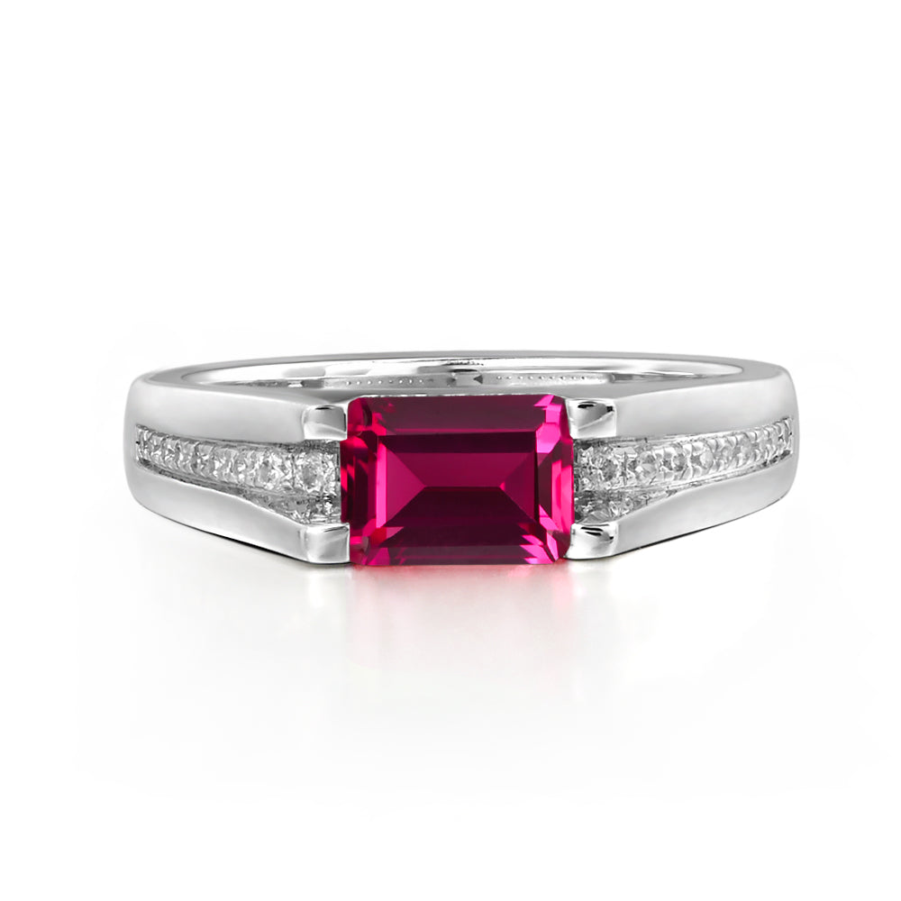 East West Ruby Ring Emerald Cut Engagement Ring - LUO Jewelry