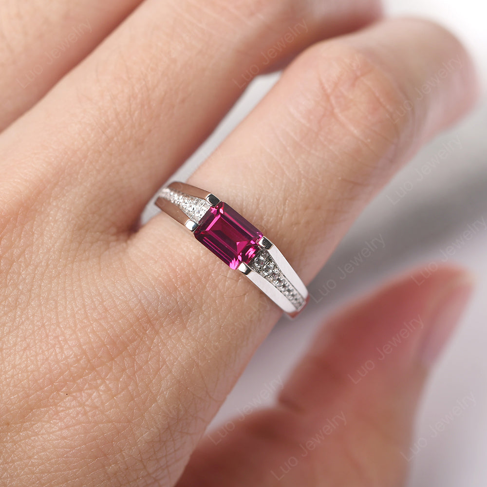 East West Ruby Ring Emerald Cut Engagement Ring - LUO Jewelry