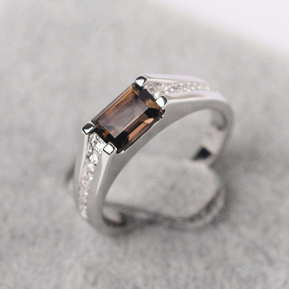 East West Smoky Quartz  Ring Emerald Cut Engagement Ring - LUO Jewelry
