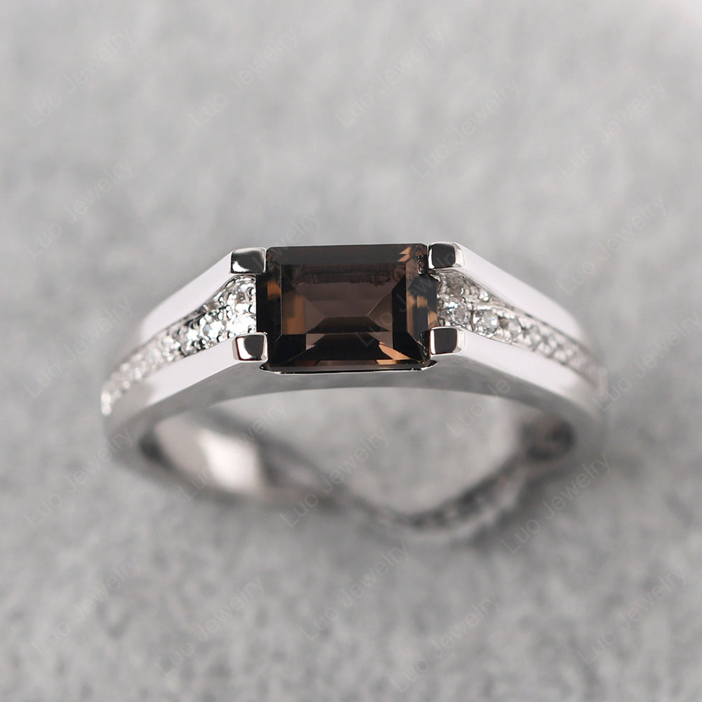 East West Smoky Quartz  Ring Emerald Cut Engagement Ring - LUO Jewelry