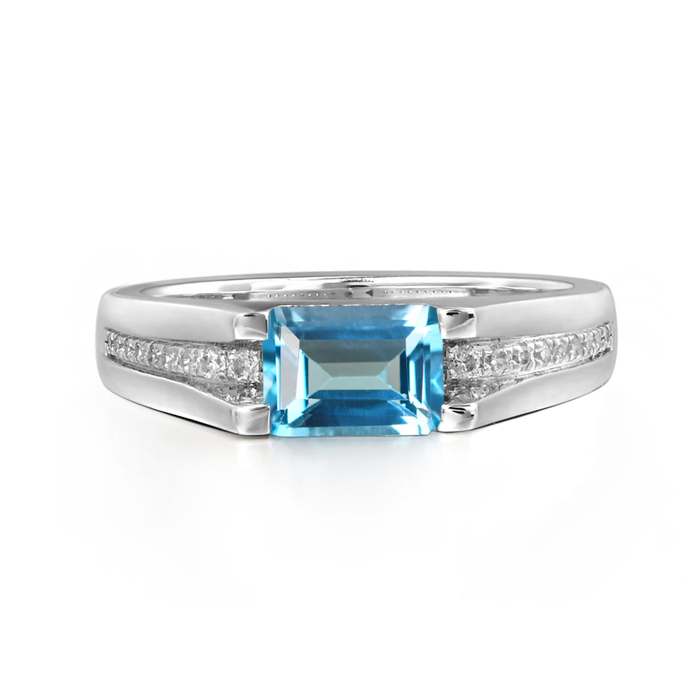 East West Swiss Blue Topaz Ring Emerald Cut Engagement Ring - LUO Jewelry