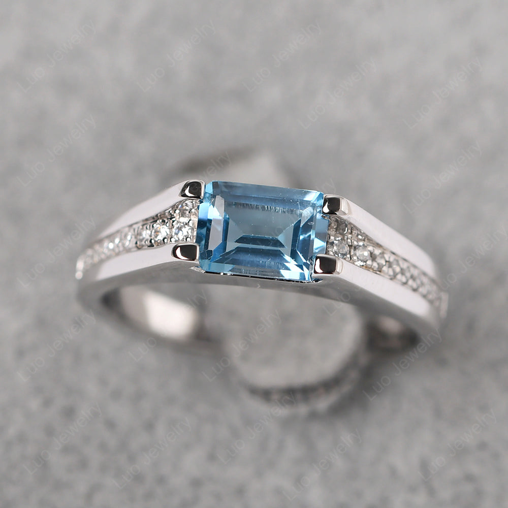 East West Swiss Blue Topaz Ring Emerald Cut Engagement Ring - LUO Jewelry