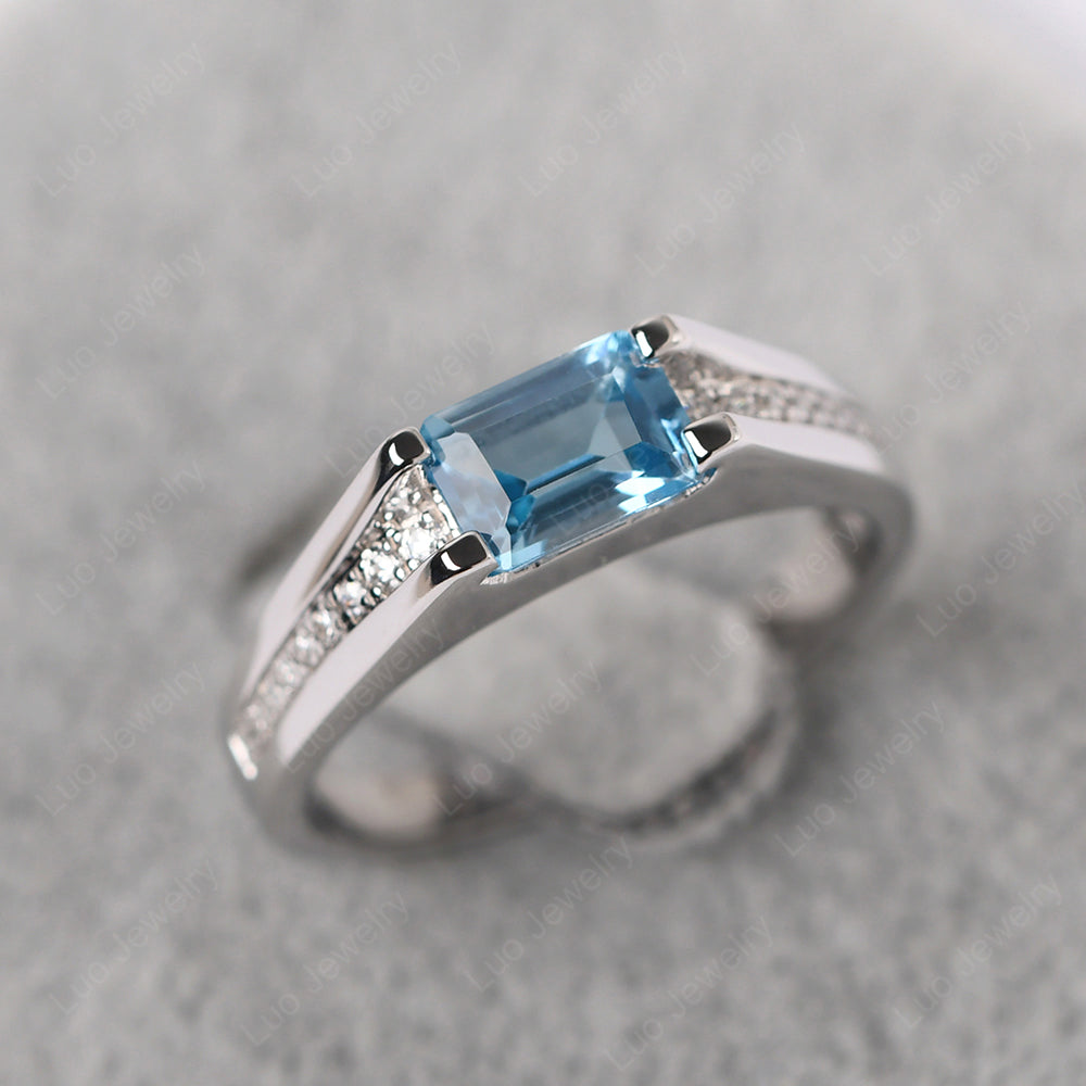 East West Swiss Blue Topaz Ring Emerald Cut Engagement Ring - LUO Jewelry