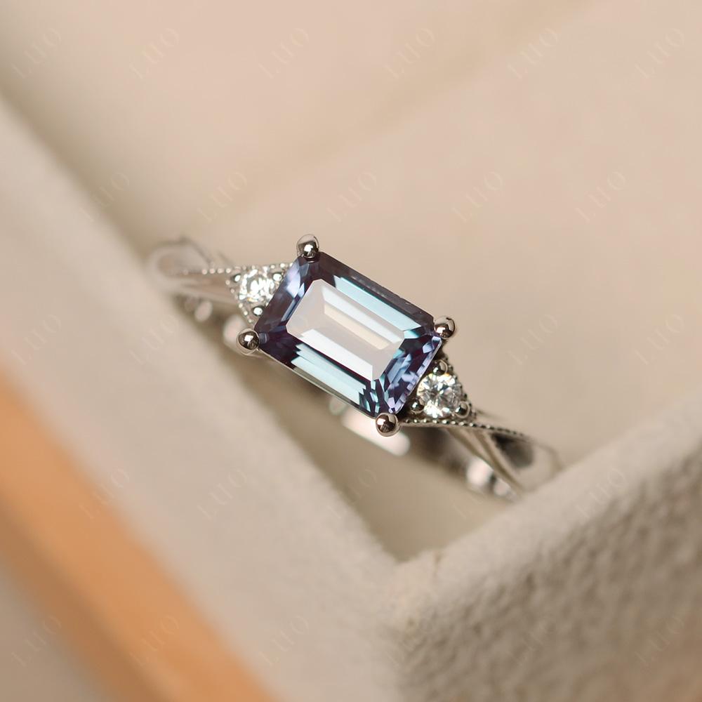Horizontal Emerald Cut Alexandrite Engagement Ring - LUO Jewelry