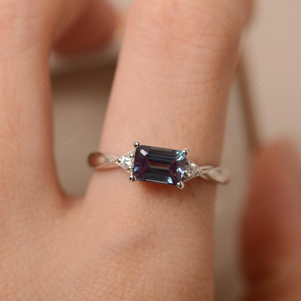 Horizontal Emerald Cut Alexandrite Engagement Ring - LUO Jewelry