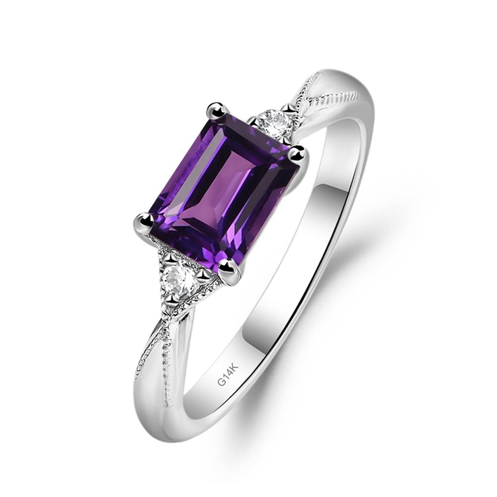 Horizontal Emerald Cut Amethyst Engagement Ring - LUO Jewelry #metal_14k white gold