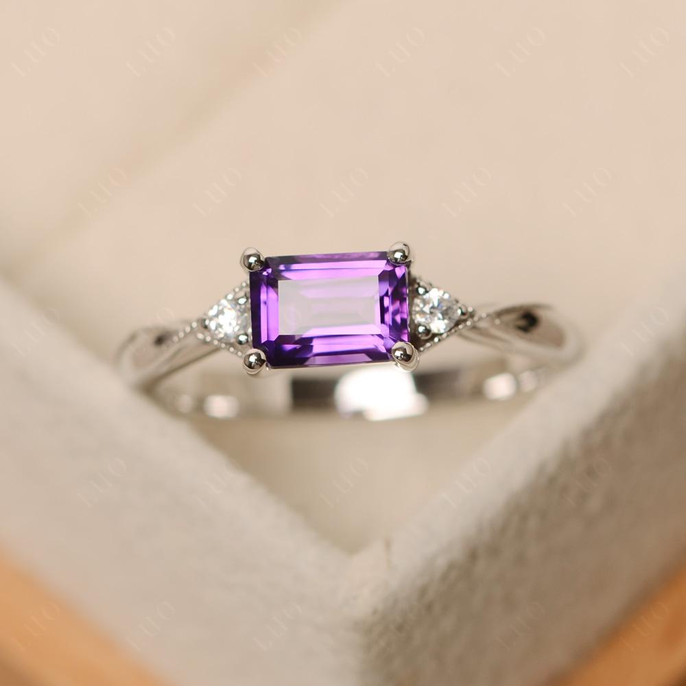 Horizontal Emerald Cut Amethyst Engagement Ring - LUO Jewelry