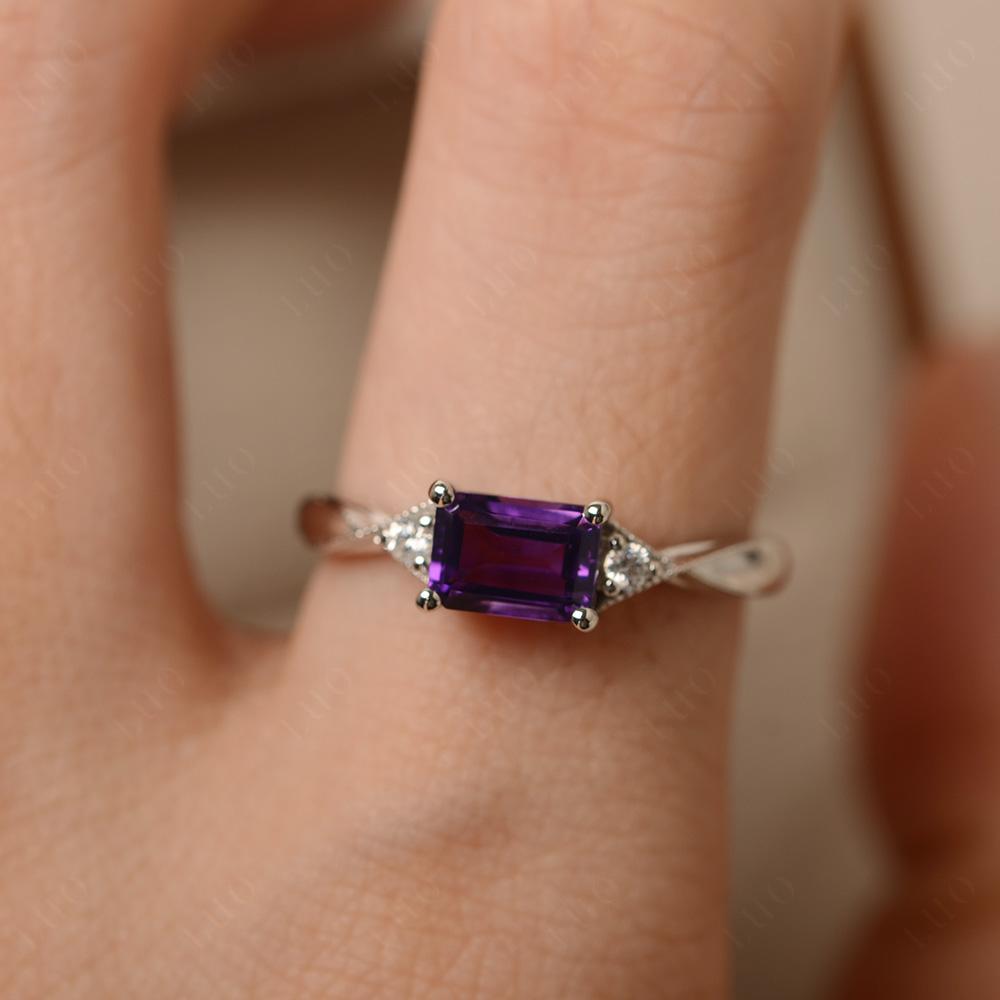 Horizontal Emerald Cut Amethyst Engagement Ring - LUO Jewelry