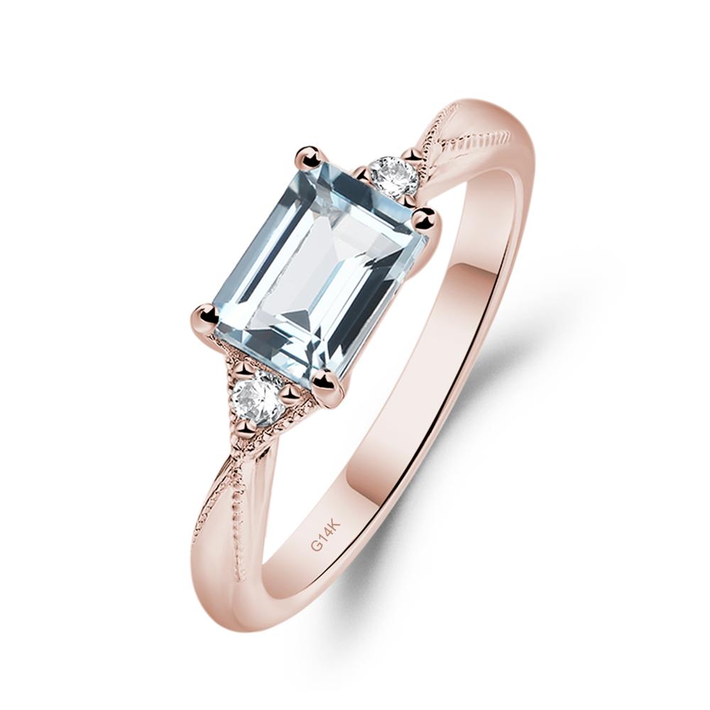 Horizontal Emerald Cut Aquamarine Engagement Ring - LUO Jewelry #metal_14k rose gold