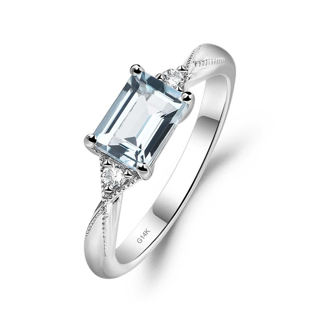 Horizontal Emerald Cut Aquamarine Engagement Ring - LUO Jewelry #metal_14k white gold