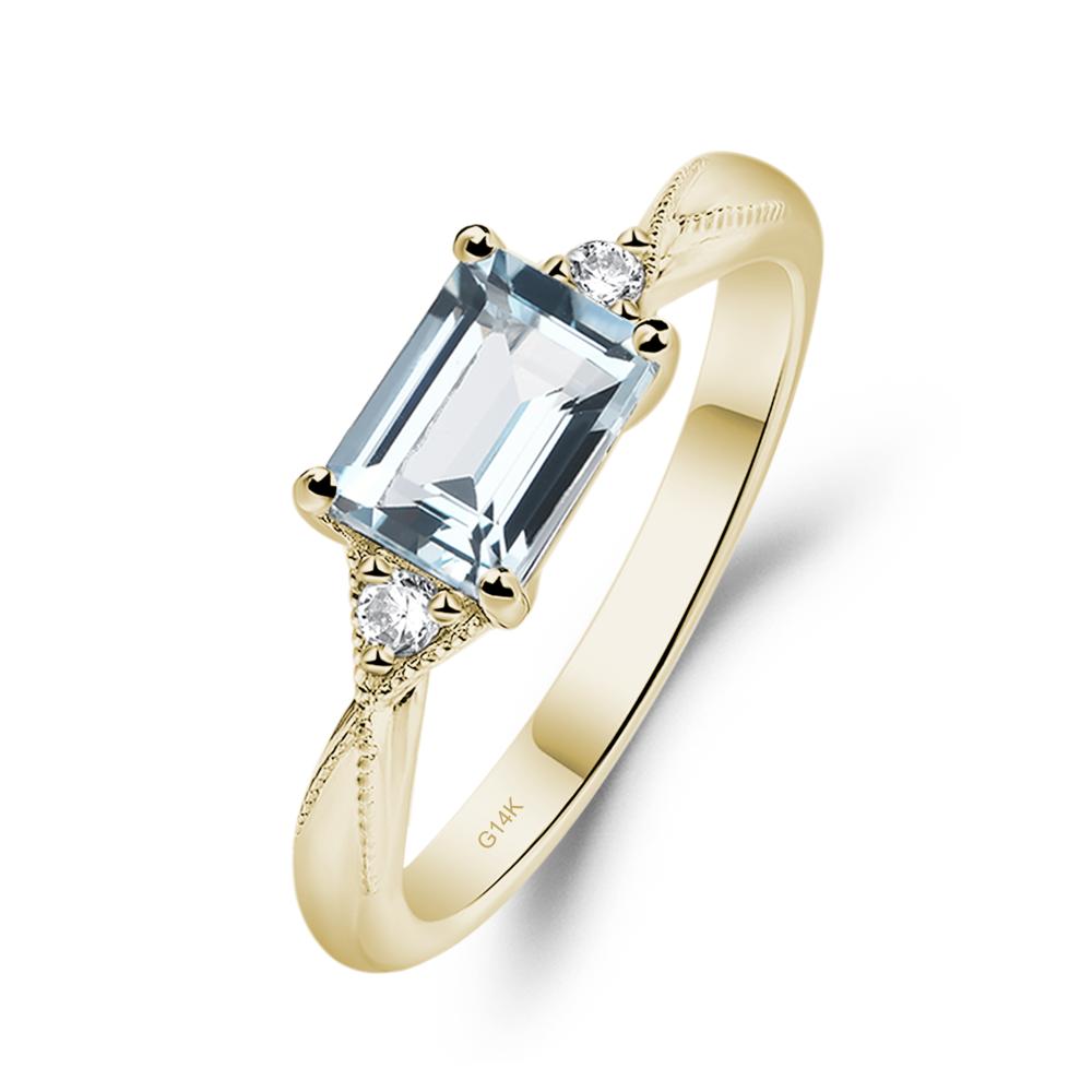 Horizontal Emerald Cut Aquamarine Engagement Ring - LUO Jewelry #metal_14k yellow gold