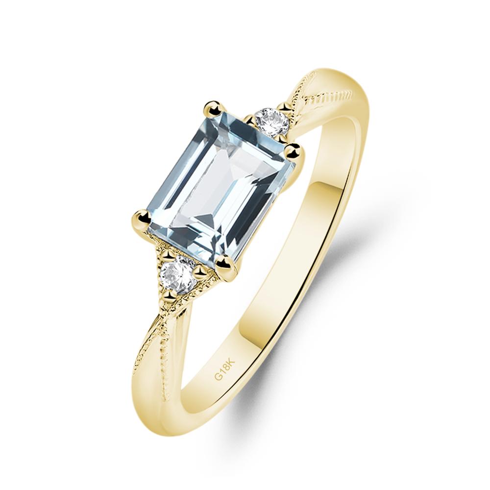 Horizontal Emerald Cut Aquamarine Engagement Ring - LUO Jewelry #metal_18k yellow gold