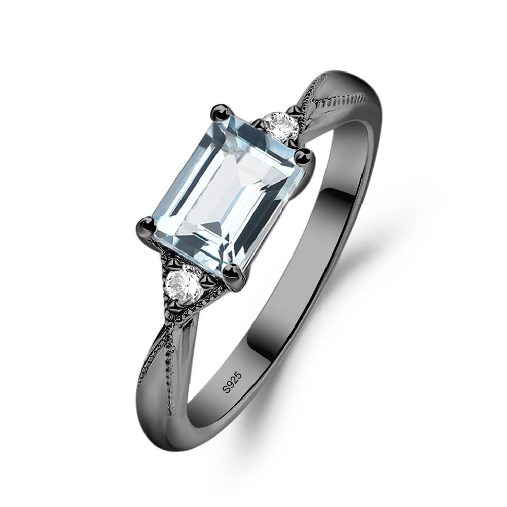 Horizontal Emerald Cut Aquamarine Engagement Ring - LUO Jewelry #metal_black finish sterling silver