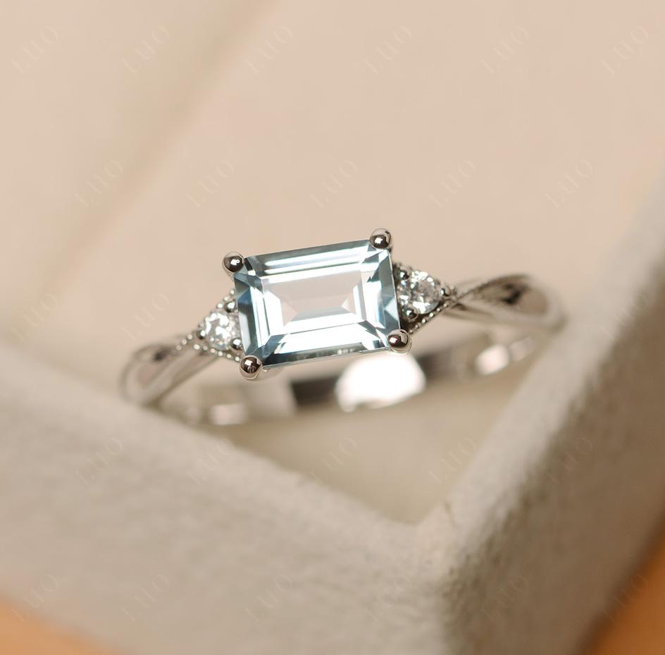 Horizontal Emerald Cut Aquamarine Engagement Ring - LUO Jewelry