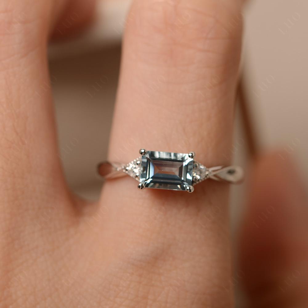 Horizontal Emerald Cut Aquamarine Engagement Ring - LUO Jewelry