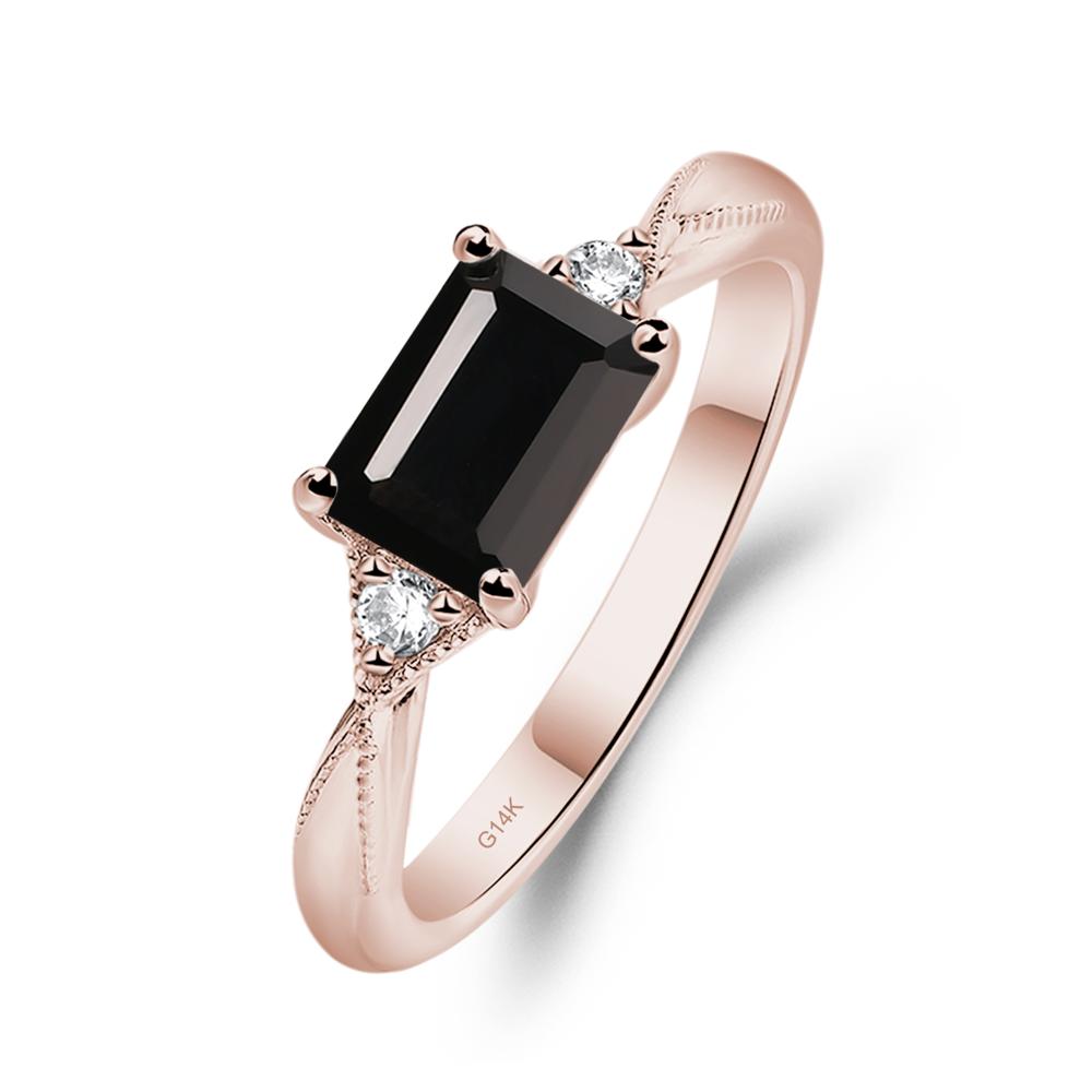 Horizontal Emerald Cut Black Spinel Engagement Ring - LUO Jewelry #metal_14k rose gold