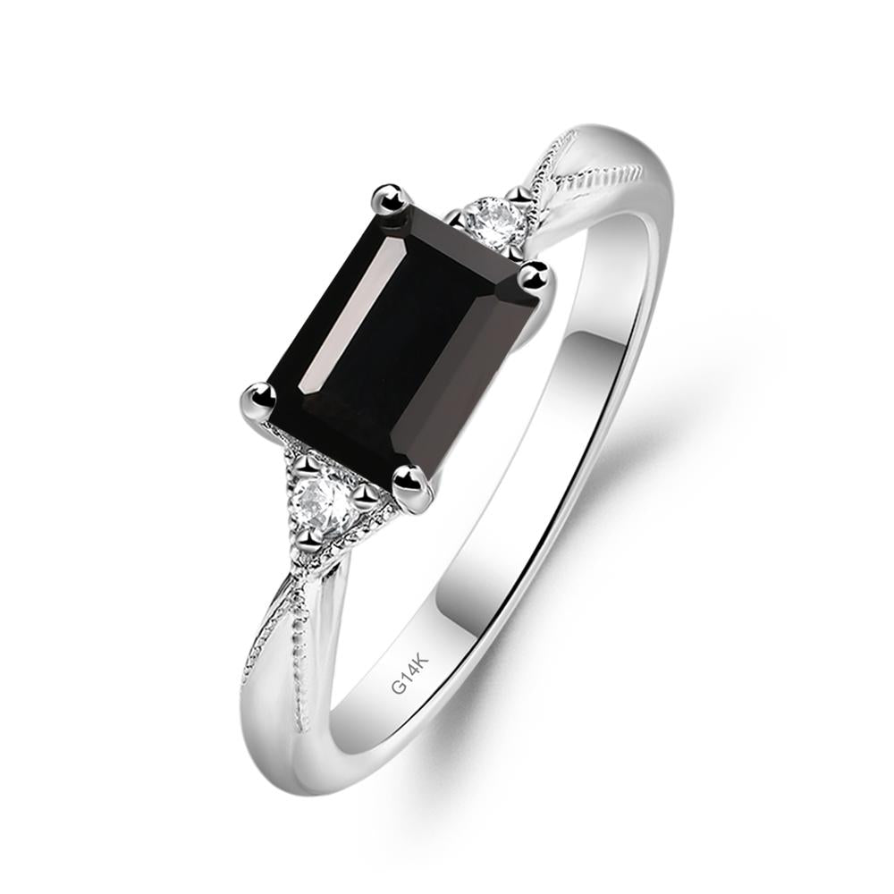 Horizontal Emerald Cut Black Spinel Engagement Ring - LUO Jewelry #metal_14k white gold