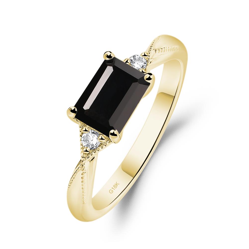 Horizontal Emerald Cut Black Spinel Engagement Ring - LUO Jewelry #metal_18k yellow gold