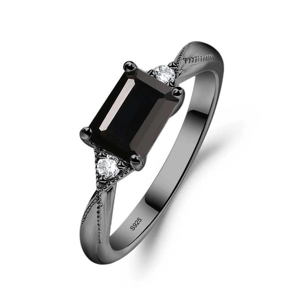 Horizontal Emerald Cut Black Spinel Engagement Ring - LUO Jewelry #metal_black finish sterling silver