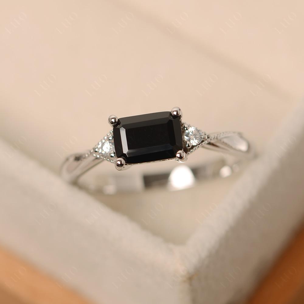 Horizontal Emerald Cut Black Spinel Engagement Ring - LUO Jewelry