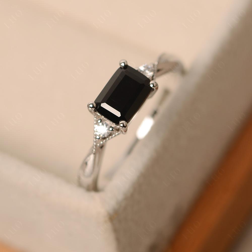 Horizontal Emerald Cut Black Spinel Engagement Ring - LUO Jewelry