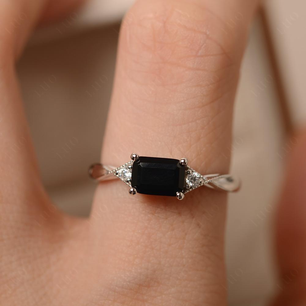 Horizontal Emerald Cut Black Spinel Engagement Ring - LUO Jewelry