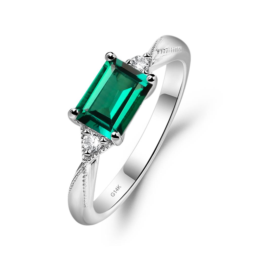 Horizontal Emerald Cut Emerald Engagement Ring - LUO Jewelry #metal_14k white gold
