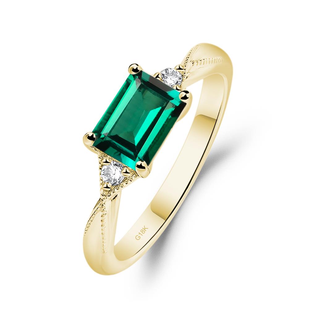 Horizontal Emerald Cut Emerald Engagement Ring - LUO Jewelry #metal_18k yellow gold