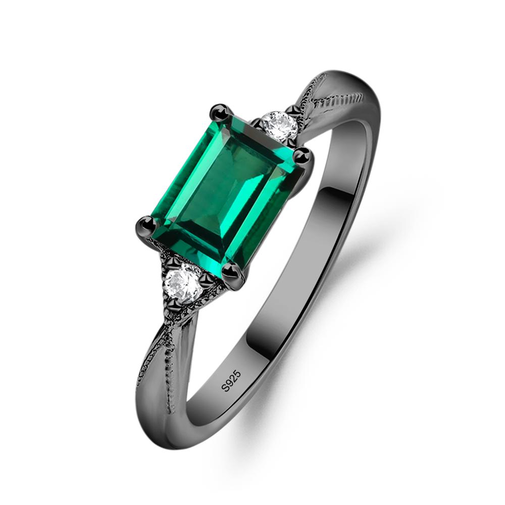 Horizontal Emerald Cut Emerald Engagement Ring - LUO Jewelry #metal_black finish sterling silver