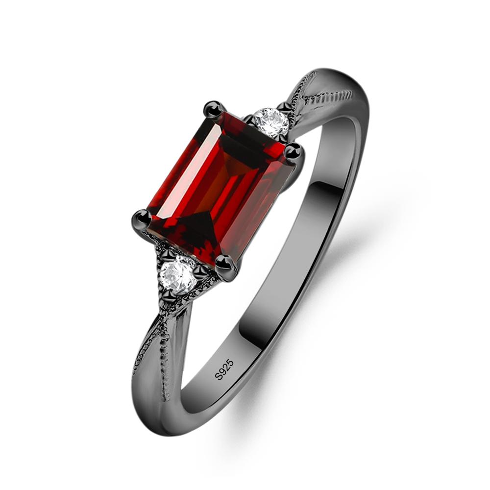 Horizontal Emerald Cut Garnet Engagement Ring - LUO Jewelry #metal_black finish sterling silver