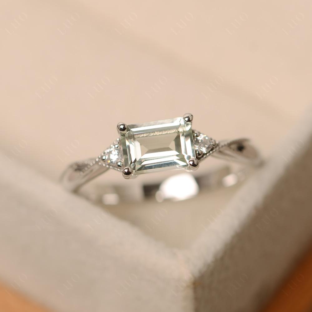Horizontal Emerald Cut Green Amethyst Engagement Ring - LUO Jewelry