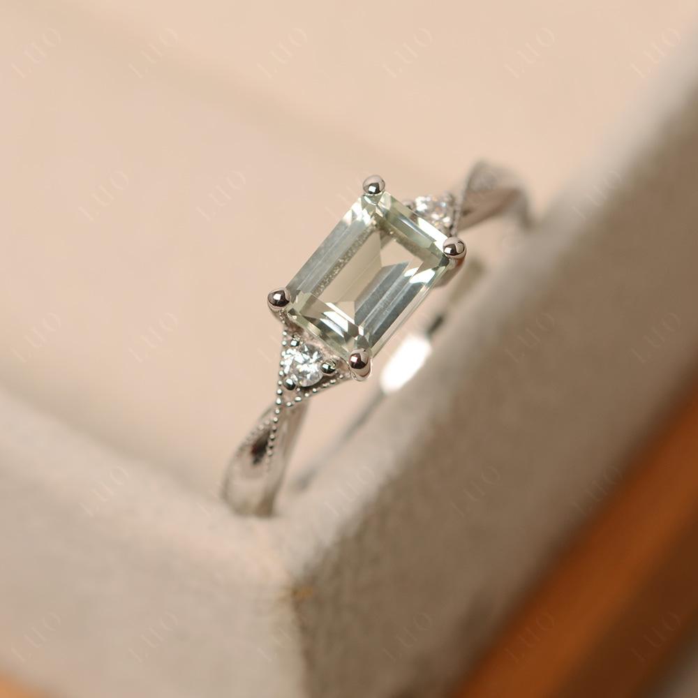 Horizontal Emerald Cut Green Amethyst Engagement Ring - LUO Jewelry