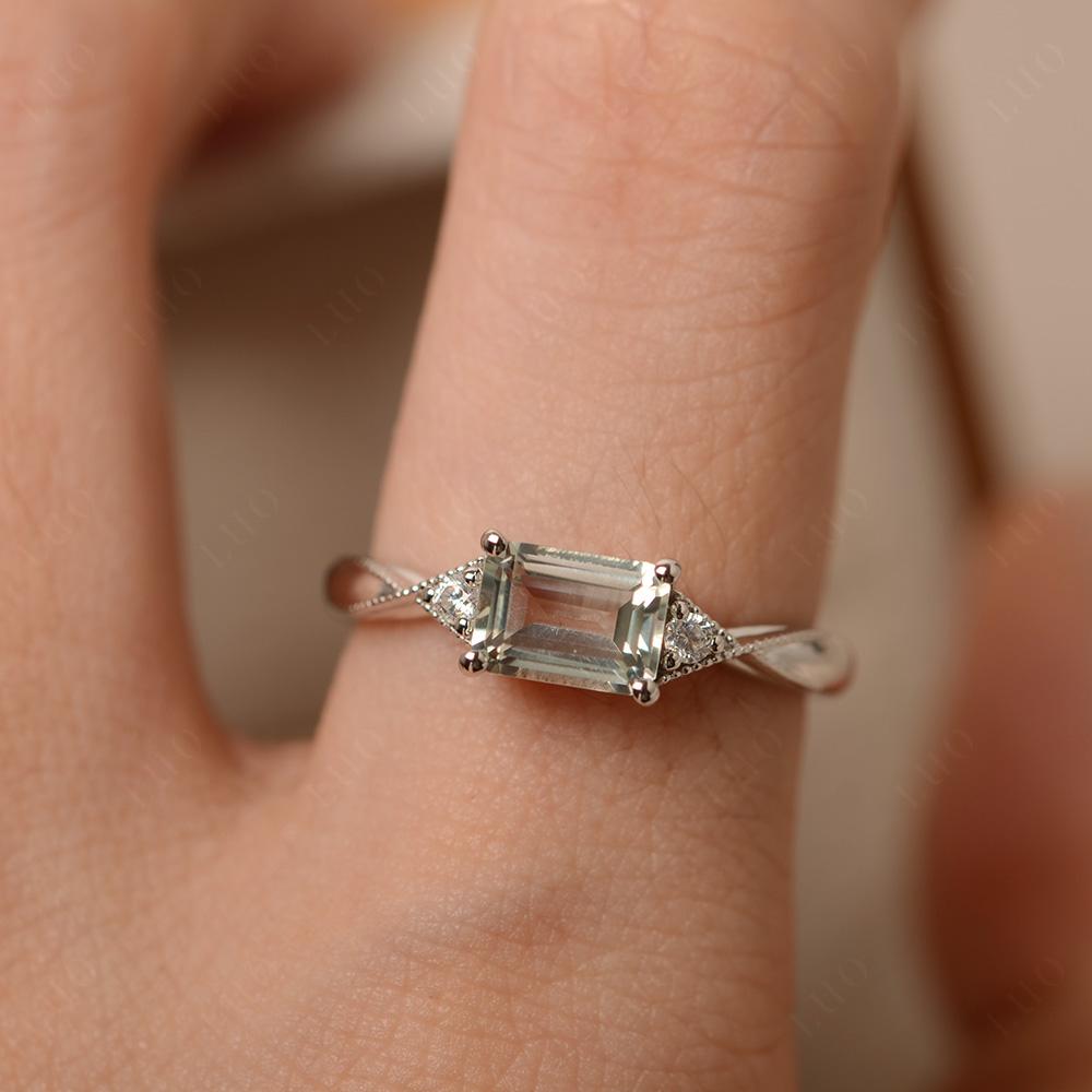 Horizontal Emerald Cut Green Amethyst Engagement Ring - LUO Jewelry