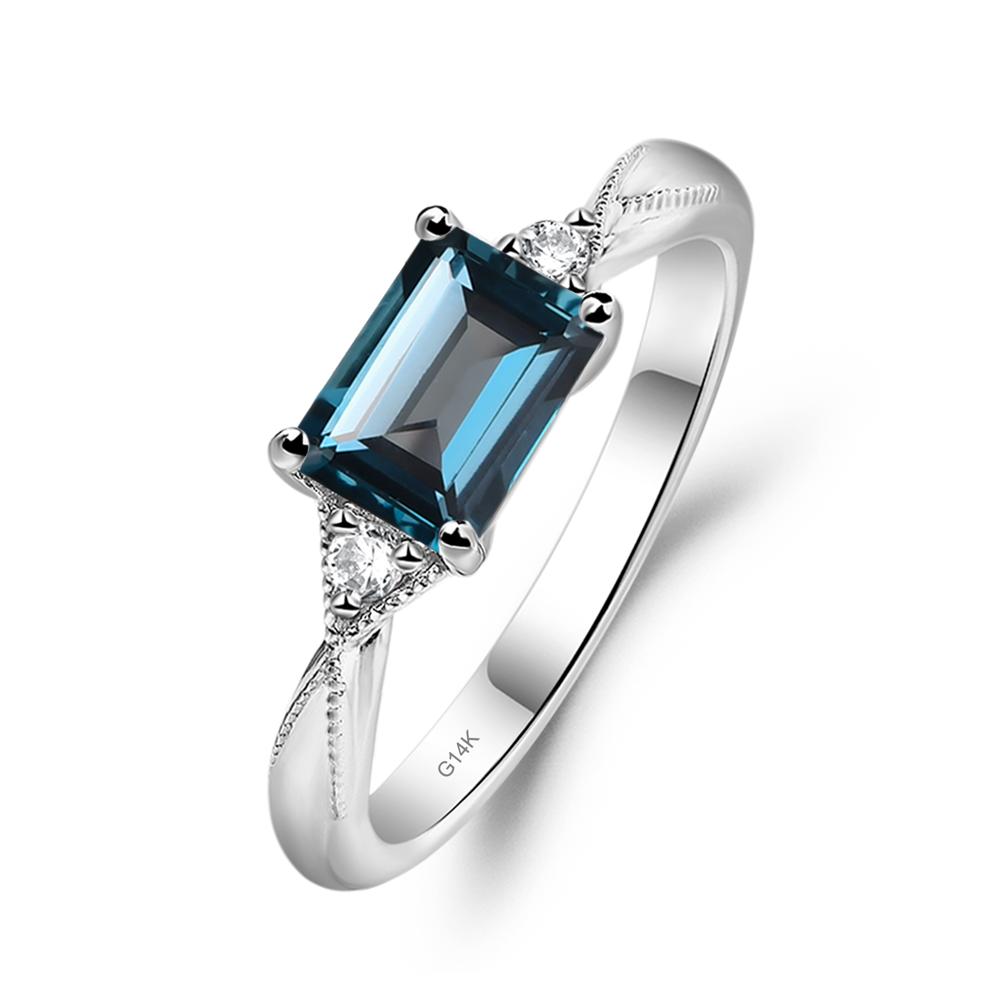 Horizontal Emerald Cut London Blue Topaz Engagement Ring - LUO Jewelry #metal_14k white gold