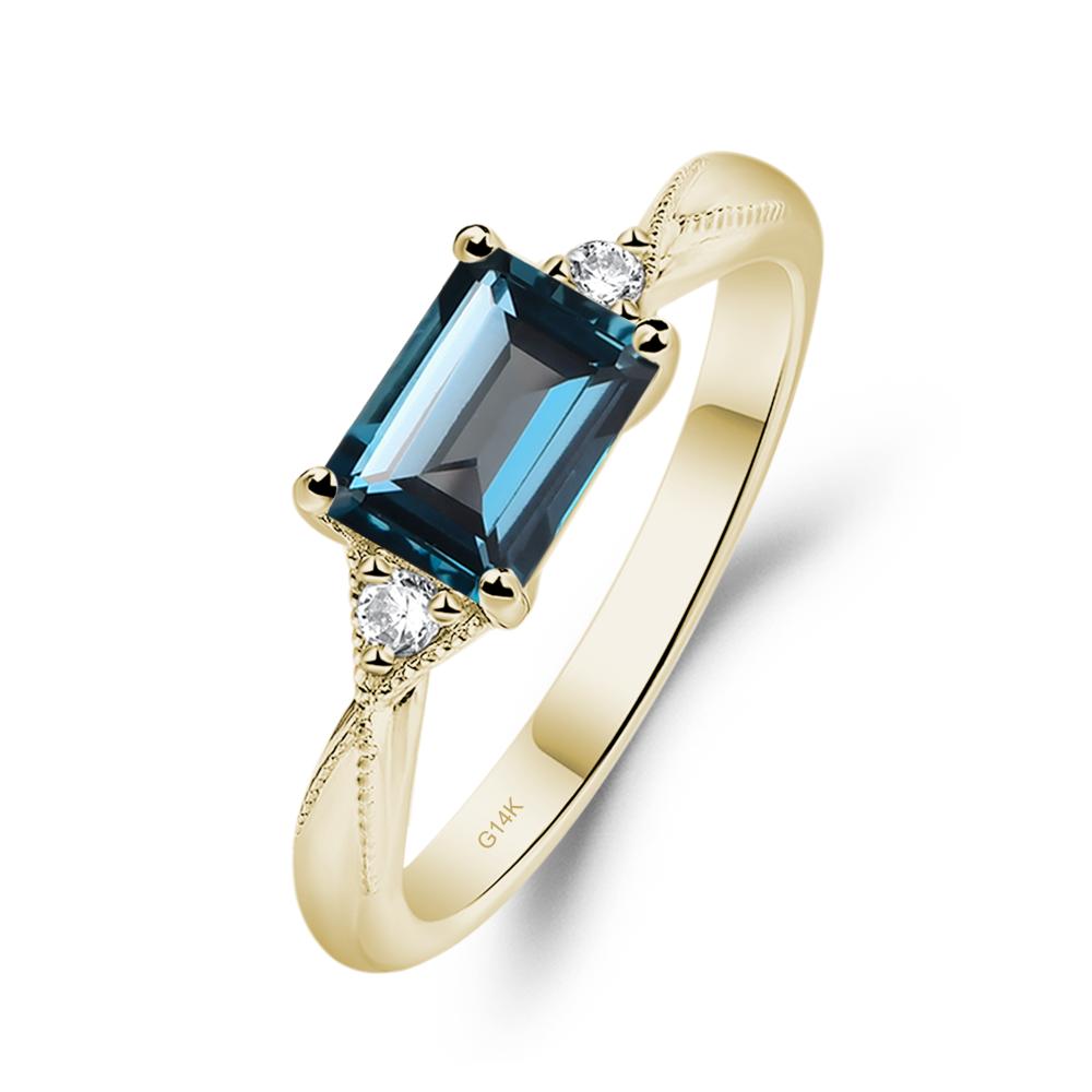 Horizontal Emerald Cut London Blue Topaz Engagement Ring - LUO Jewelry #metal_14k yellow gold