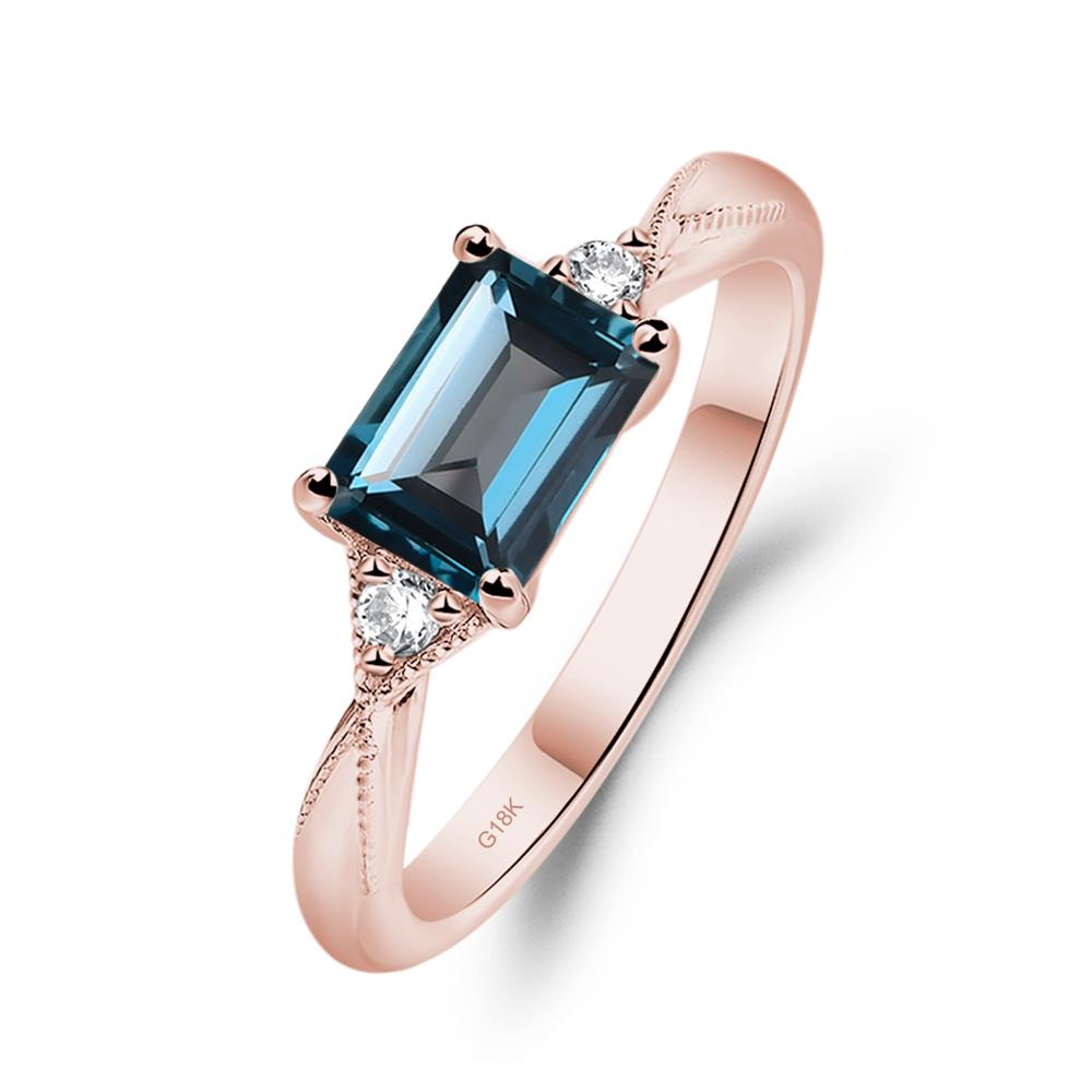 Horizontal Emerald Cut London Blue Topaz Engagement Ring - LUO Jewelry #metal_18k rose gold