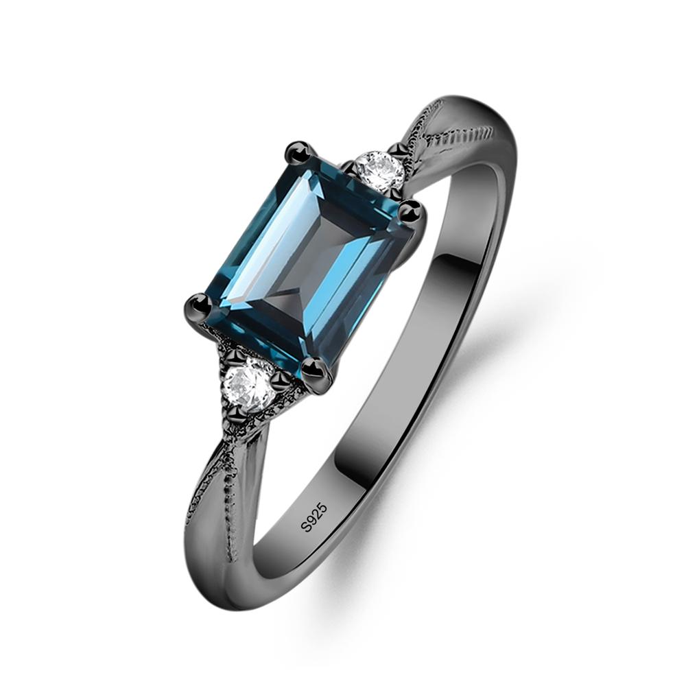 Horizontal Emerald Cut London Blue Topaz Engagement Ring - LUO Jewelry #metal_black finish sterling silver