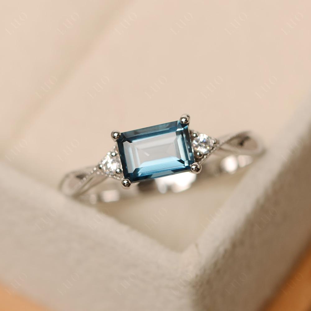 Horizontal Emerald Cut London Blue Topaz Engagement Ring - LUO Jewelry