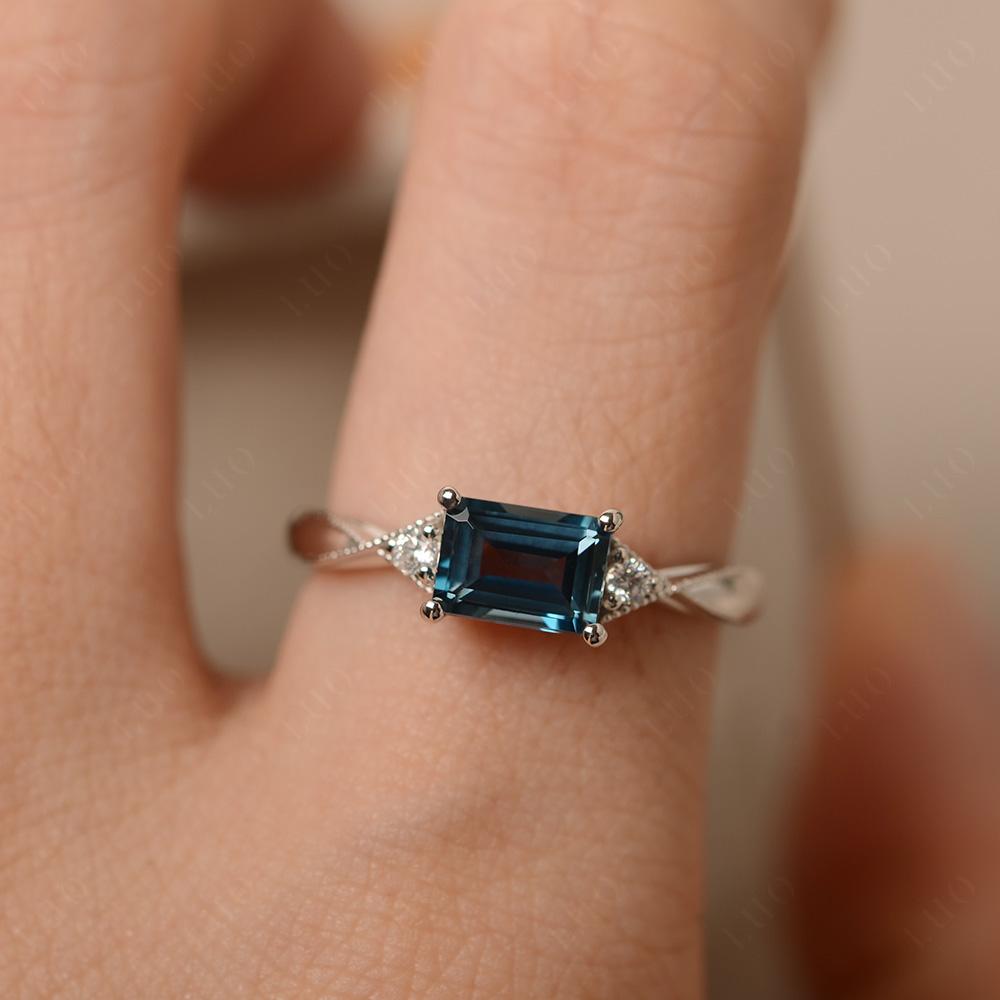 Horizontal Emerald Cut London Blue Topaz Engagement Ring - LUO Jewelry