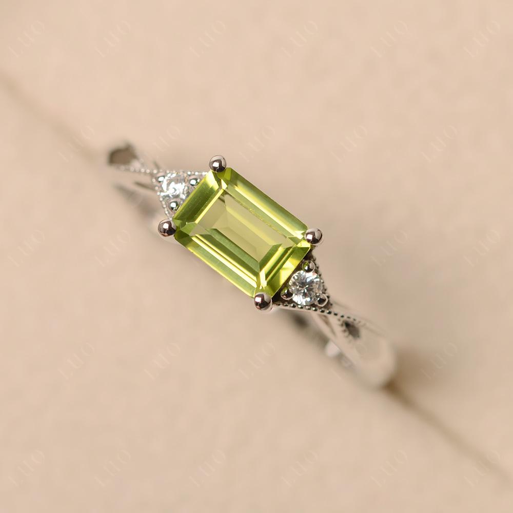 Horizontal Emerald Cut Peridot Engagement Ring - LUO Jewelry
