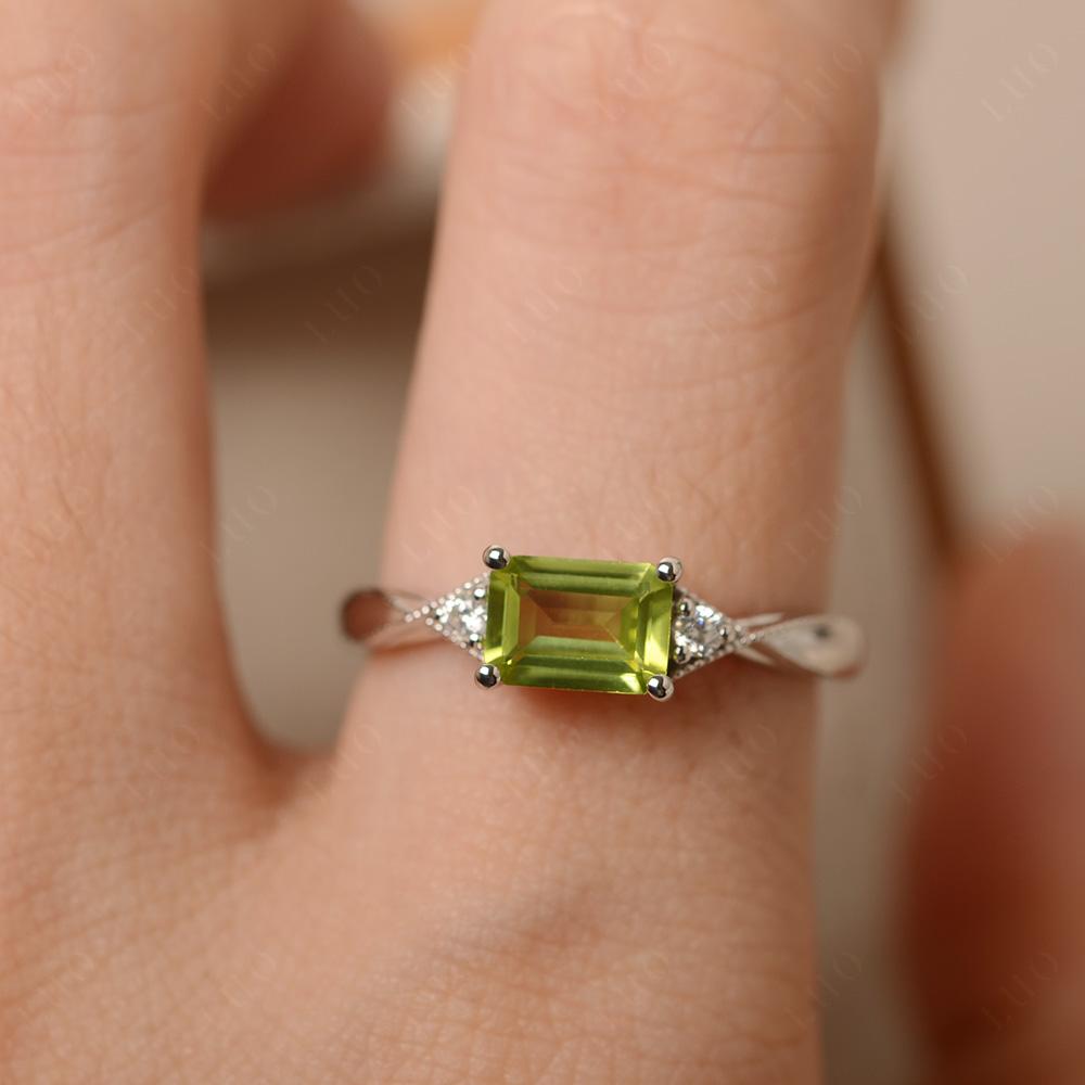 Horizontal Emerald Cut Peridot Engagement Ring - LUO Jewelry