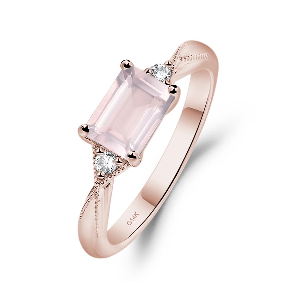Horizontal Emerald Cut Rose Quartz Engagement Ring - LUO Jewelry #metal_14k rose gold