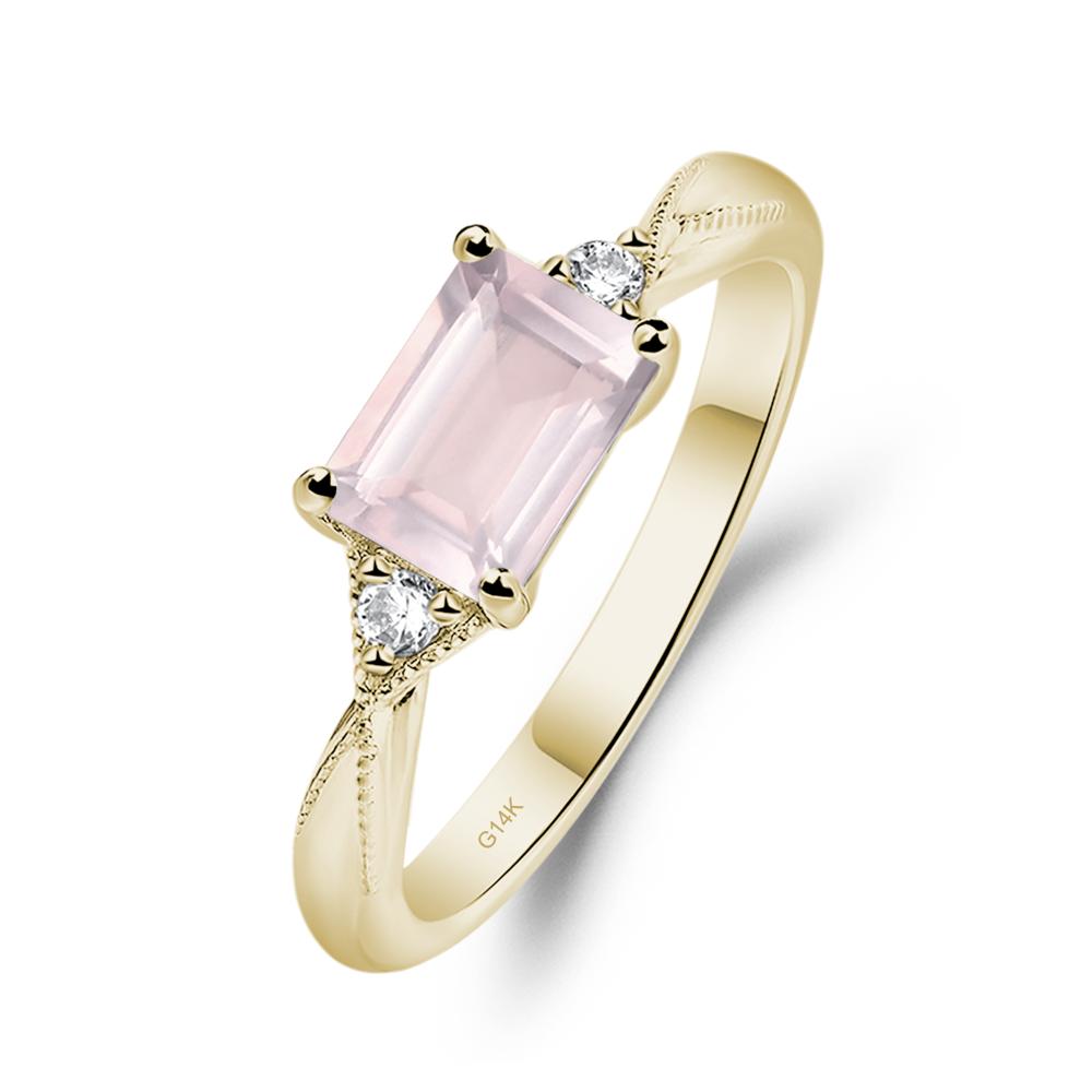 Horizontal Emerald Cut Rose Quartz Engagement Ring - LUO Jewelry #metal_14k yellow gold