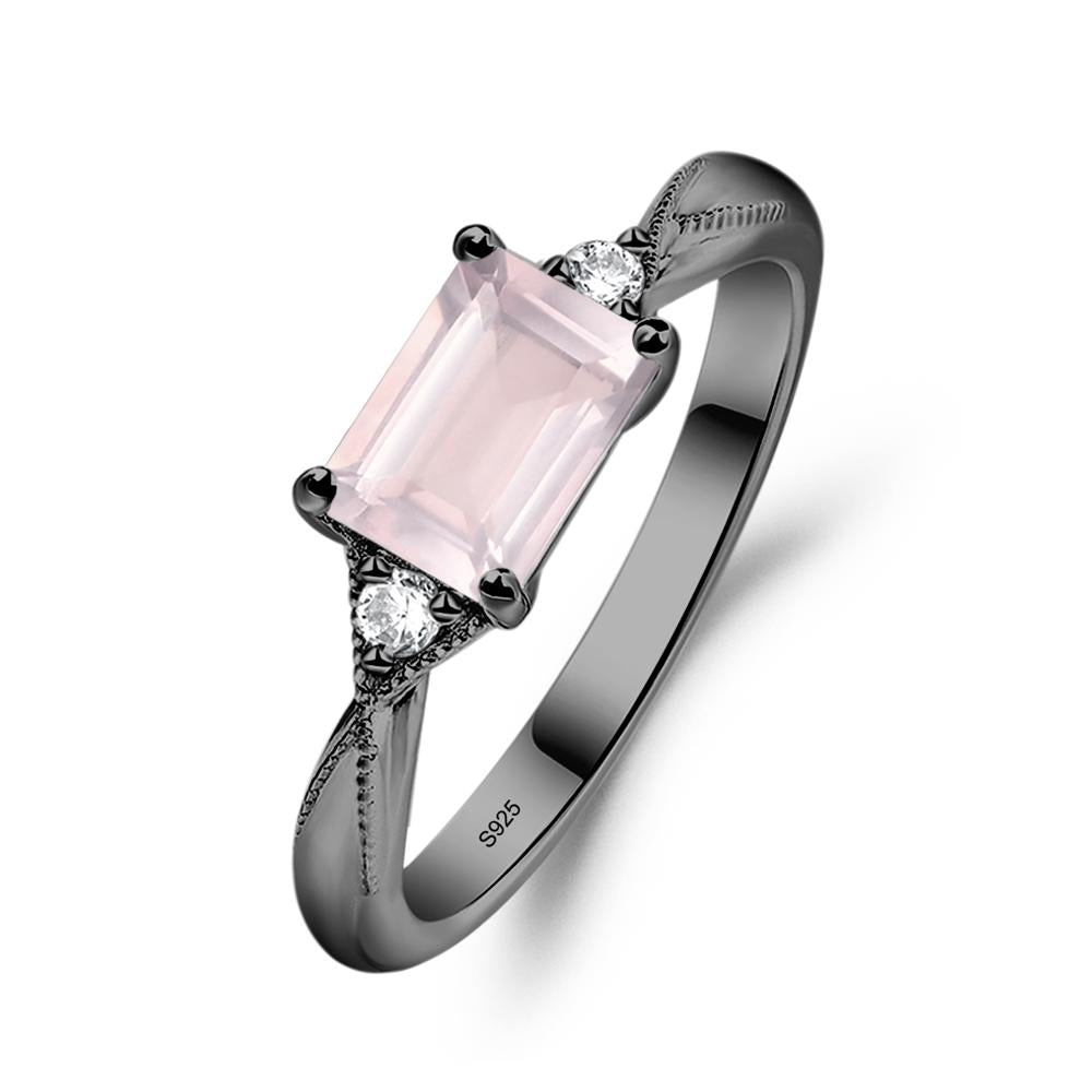 Horizontal Emerald Cut Rose Quartz Engagement Ring - LUO Jewelry #metal_black finish sterling silver