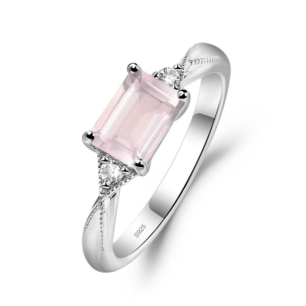 Horizontal Emerald Cut Rose Quartz Engagement Ring - LUO Jewelry #metal_sterling silver